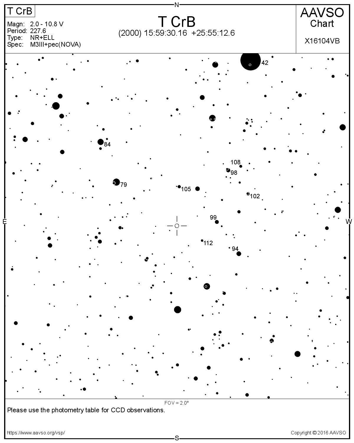 T CrB. Detaljkarta 2x2 grader. AAVSO.